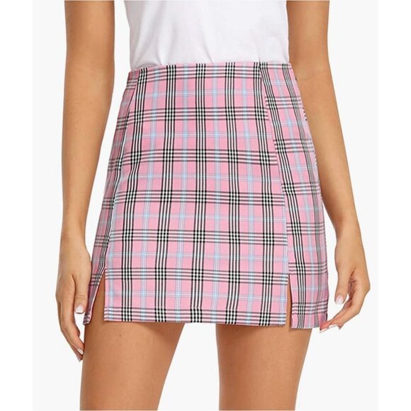 Pink Plaid Checker Print High Waist Fitted Split Pencil Bodycon Mini Skirt - Picture 3 of 7
